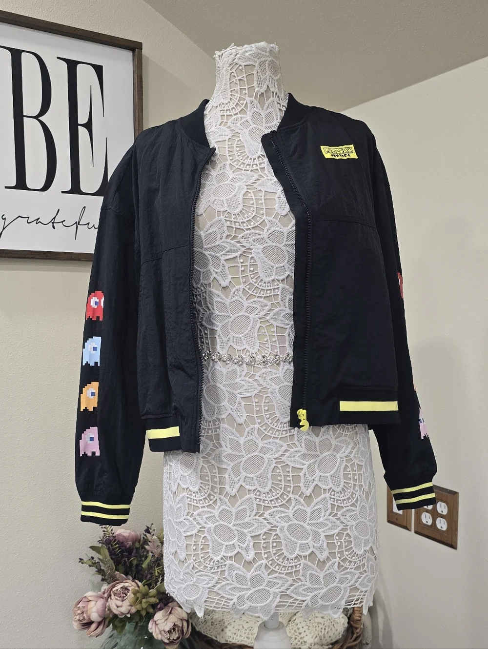 JUSTICE Pac-Man & Ghosts Black Bomber Jacket with Yellow Trim NWOT